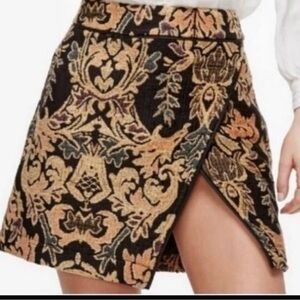 Free People Tapestry Mini Skirt Damask Faux Leather Trim Wrap Front Black Gold